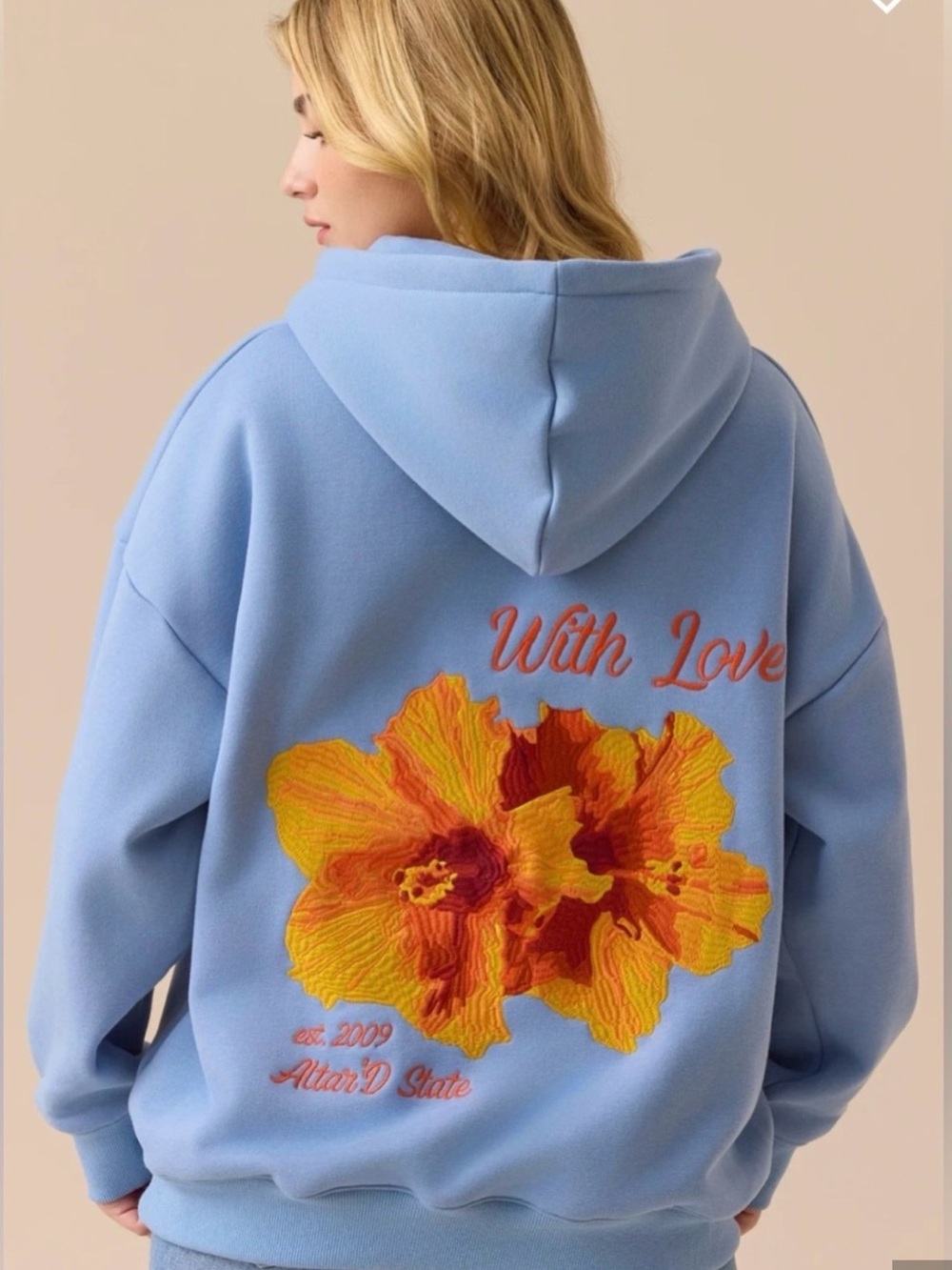 Altar'd State Dusty Blue Hoodie with Coral Script Accent